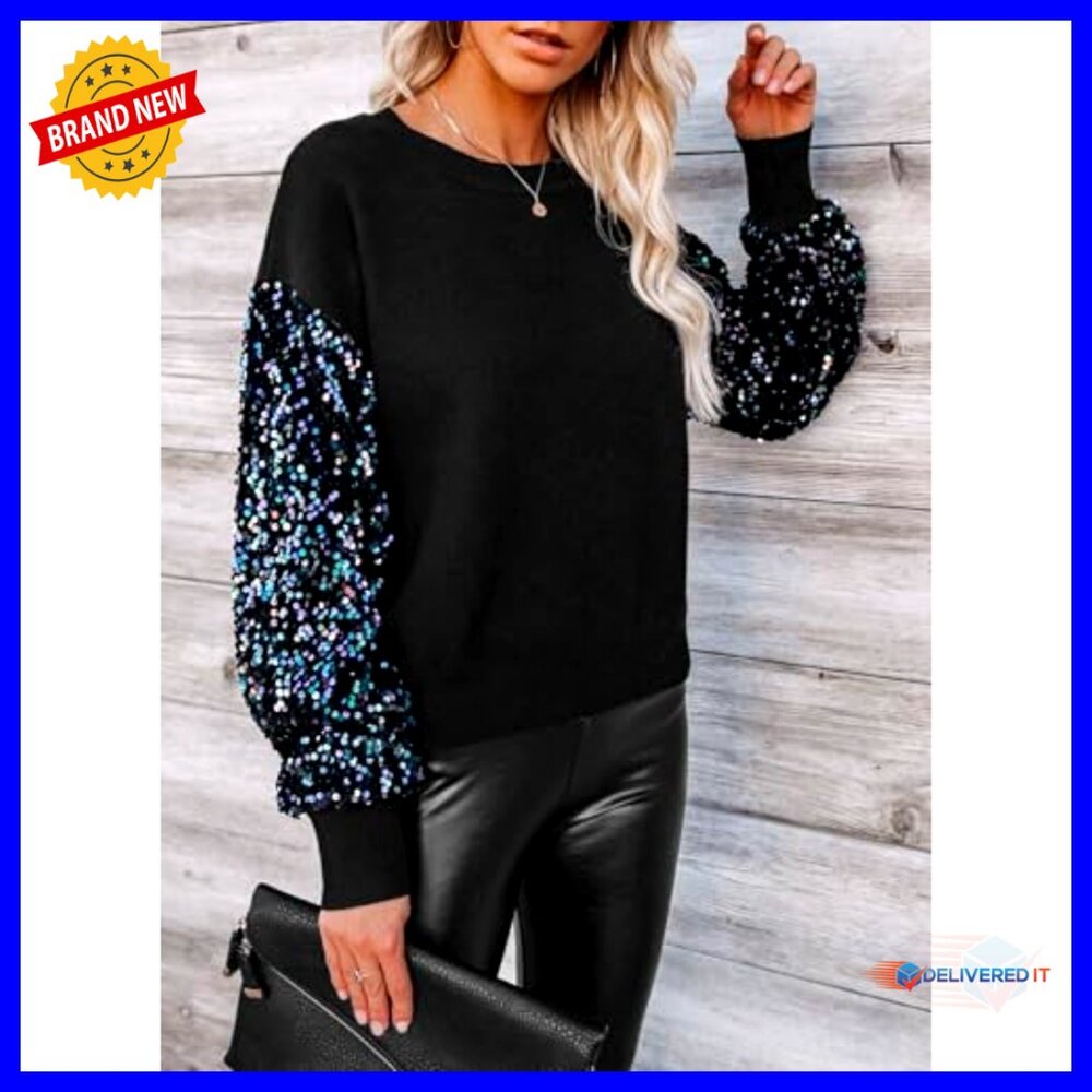 Sequin Patchwork Pullover Sweater Crewneck Long S… - image 2